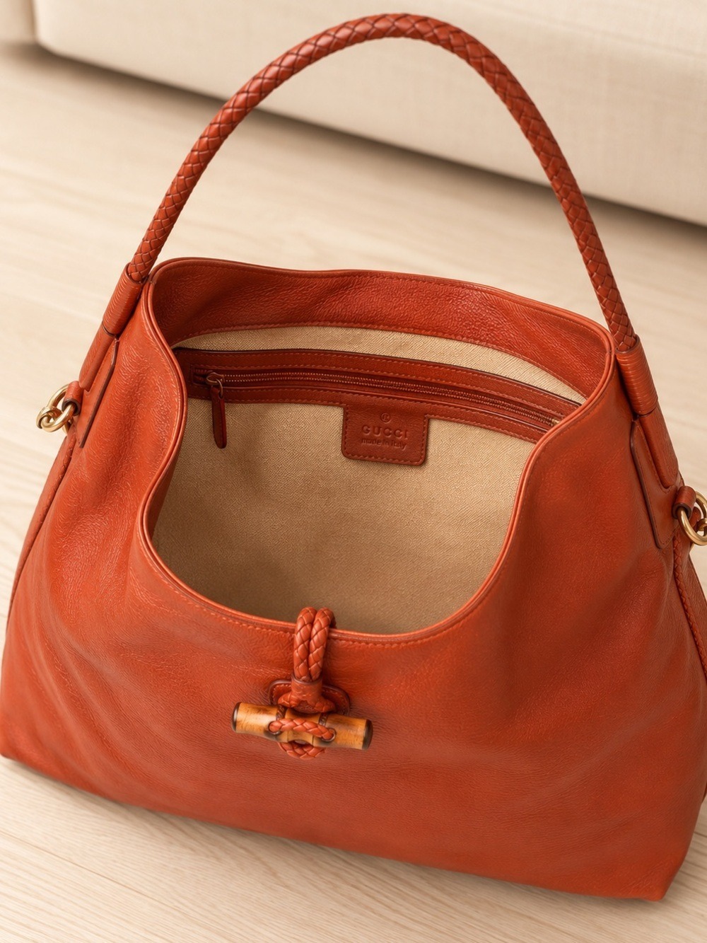 Gucci Large Bamboo Hip Orange Cervo Leather Hobo Tote - No Detachable Strap - Picture 5 of 7